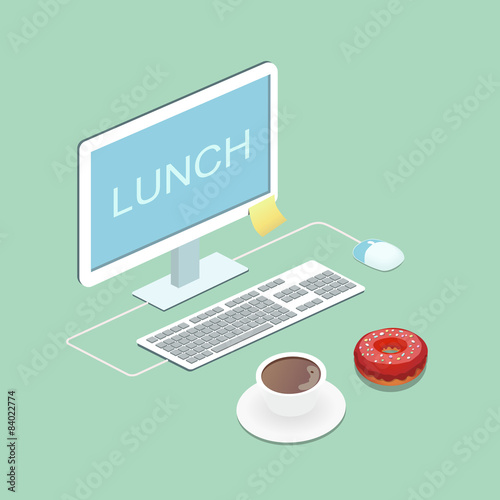 Laptop, coffee and donut  illustration Vector concept  Lunch