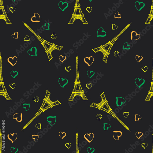 Seamless pattern Eiffel Tower with hearts