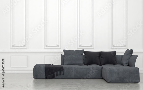 Grey Sofa with Cushions Room with White Walls