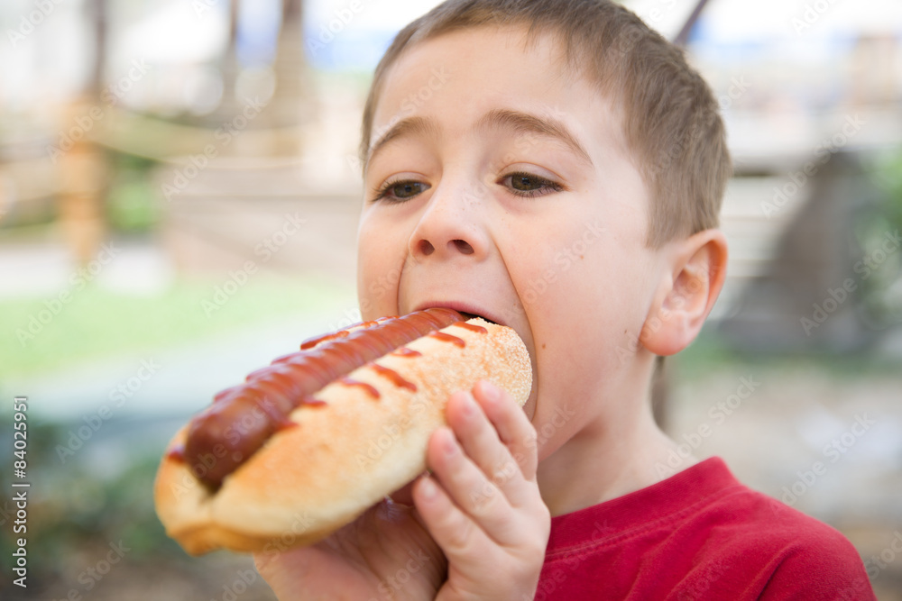 Little boy eats a huge hot-dog sandwich Little boy eats a huge hot-dog sandwich