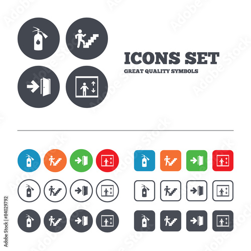 Emergency exit icons. Door with arrow sign.