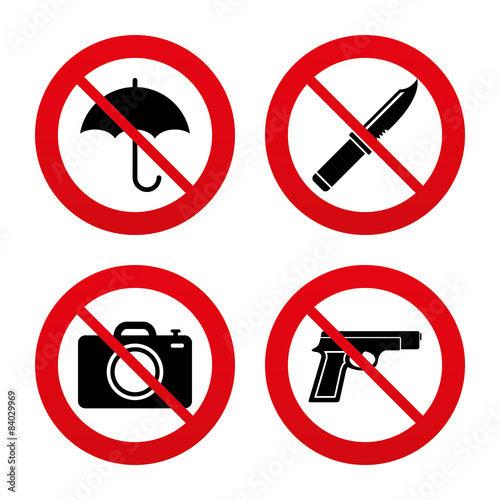 Gun weapon. Knife, umbrella and photo camera.