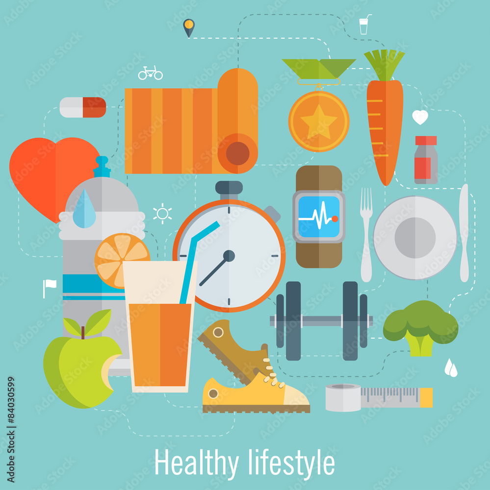 Flat vector illustration of icons for fitness and diet Flat vector illustration of icons for fitness and diet