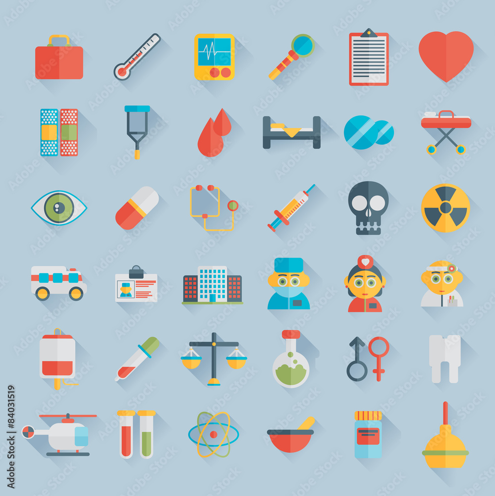 Flat icons set of medical tools and healthcare equipment Flat icons set of medical tools and healthcare equipment