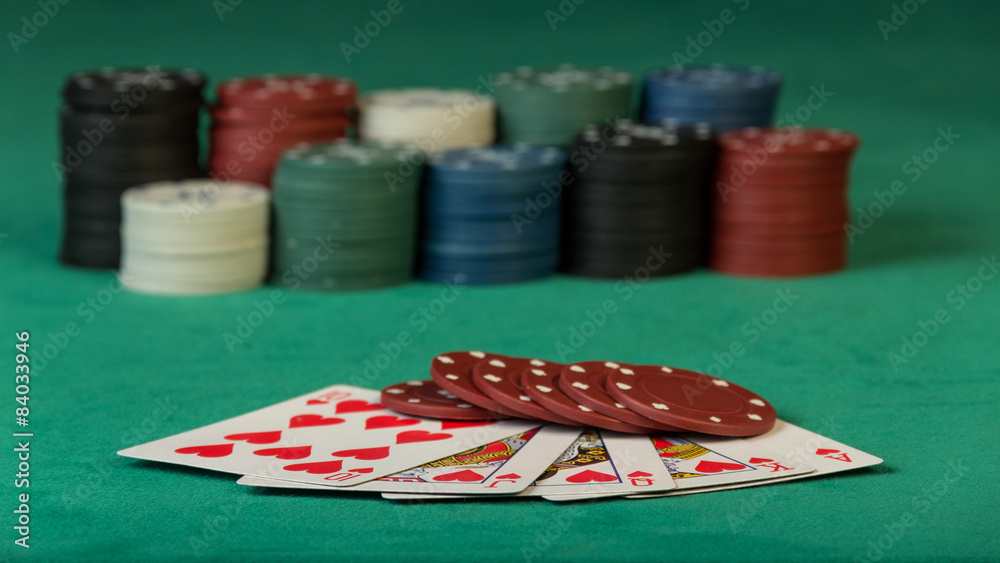 Fototapeta premium Colorful poker chips with cards
