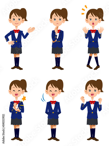 女子学生、6種類のポーズと表情