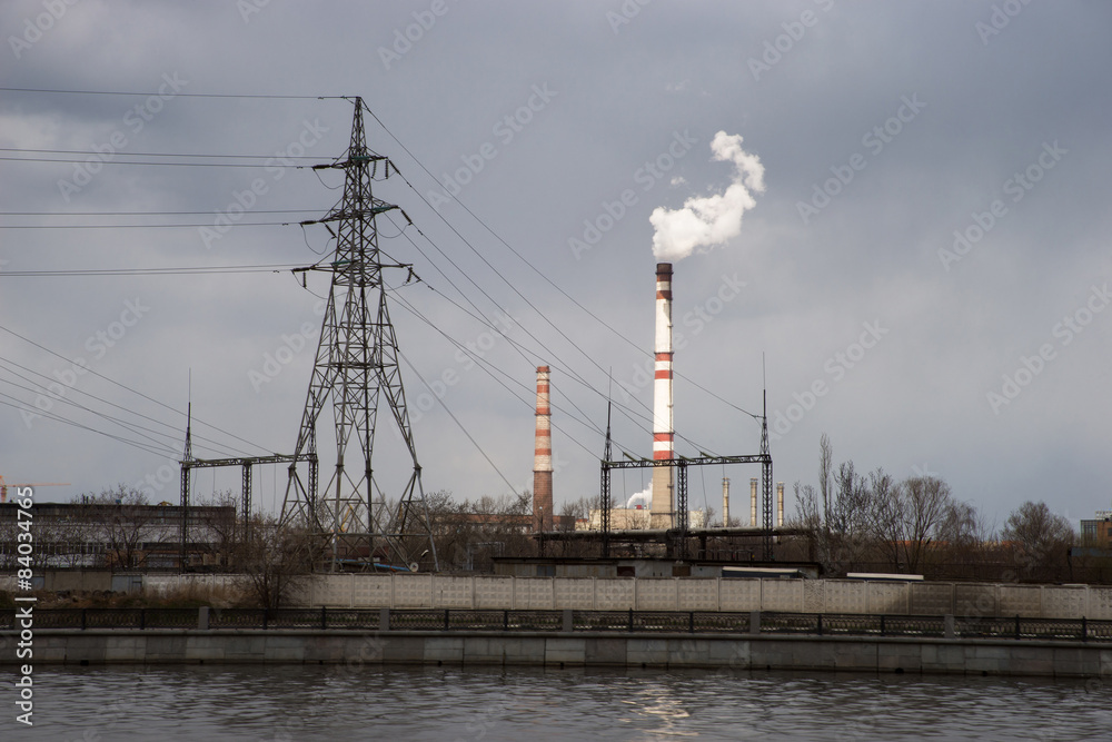 Smoking pipes of thermal power plant high voltage lines