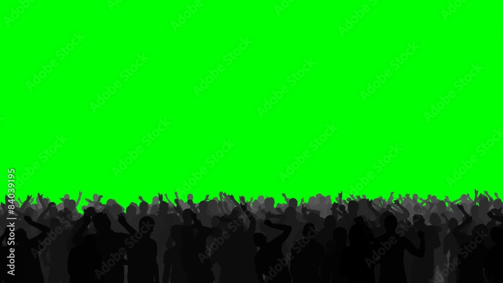 Concert crowd dancing energetically, on an easily keyed green background