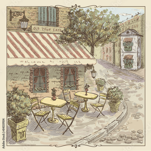 Vintage watercolor illustration of street cafe in old town