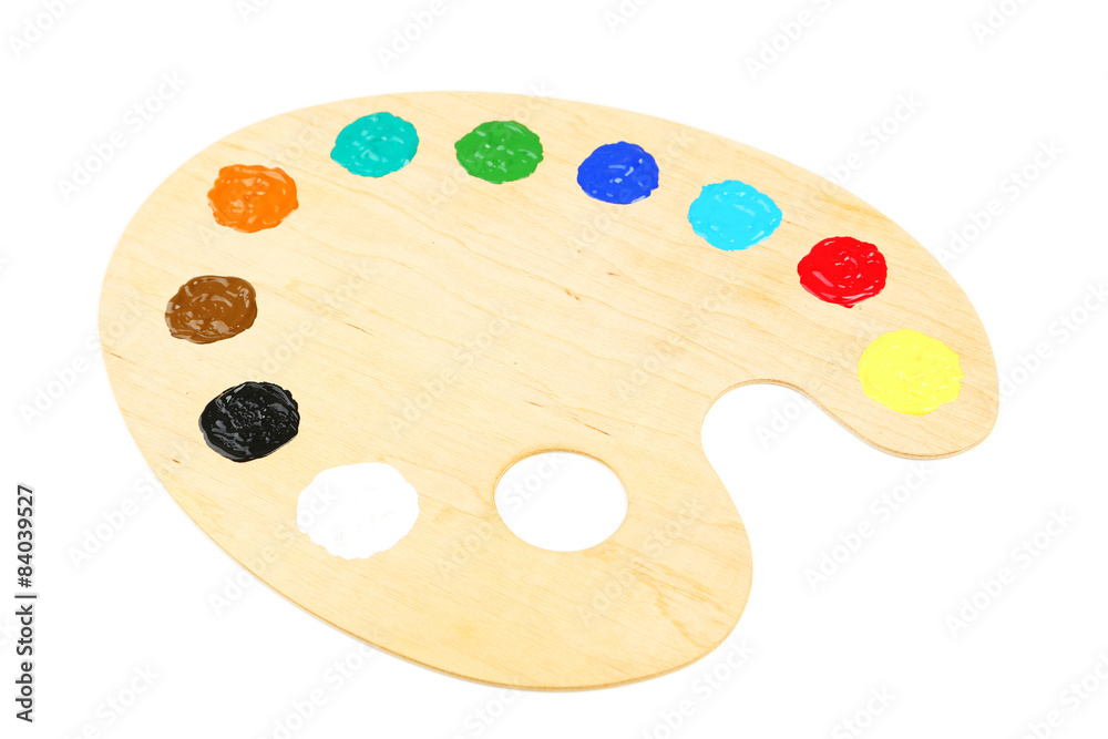 Wooden art palette with paints isolated on white Wooden art palette with paints isolated on white