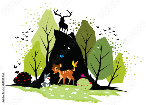 Bambi / Illustration of Bambi and rabbit in green forest

