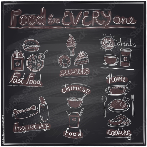 Assorted food and drinks graphic symbols chalkboard.