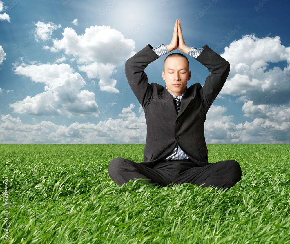 businessman in lotus pose in green grass businessman in lotus pose in green grass
