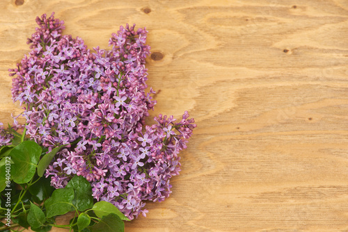 Fresh lilac flowers on the old painted wooden surface.