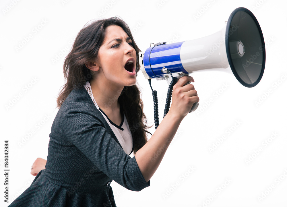 Businesswoman screaming on megaphone