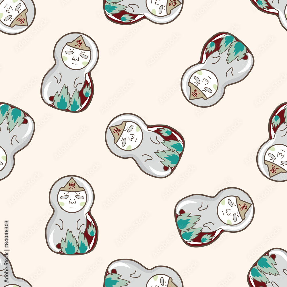 Fototapeta premium Matryoshka, Russian traditional wooden doll, cartoon seamless pattern background