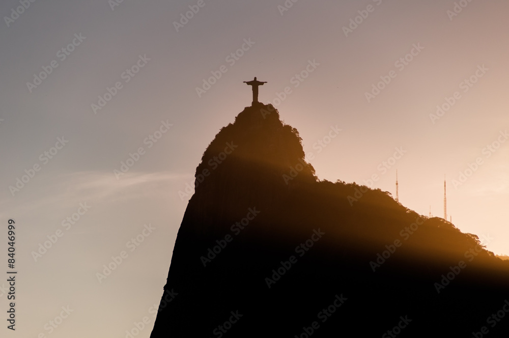 Silhouette of Corcovado Mountain by Sunset in Rio de Janeiro