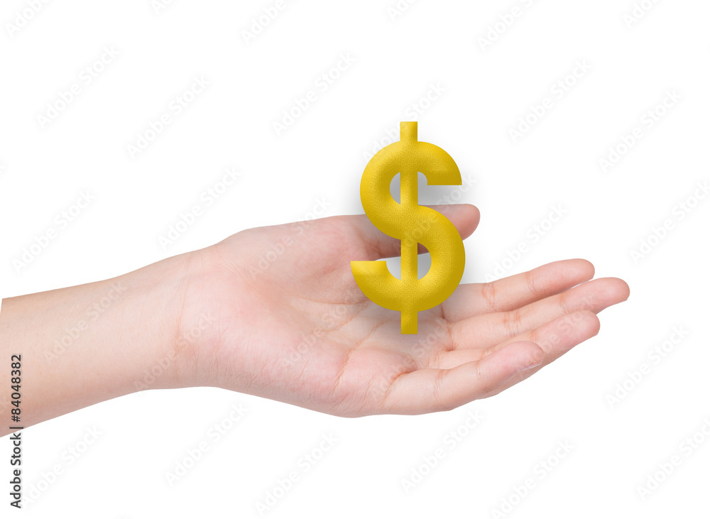 Gold dollar sign on hand Isolated on white background Gold dollar sign on hand Isolated on white background