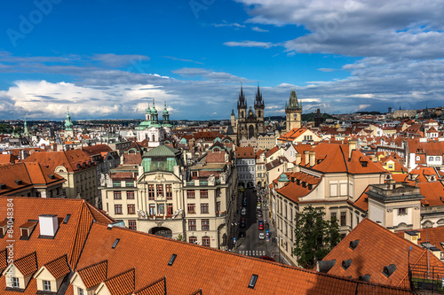 Aerial view: Houses with traditional red roofs in Prague. 