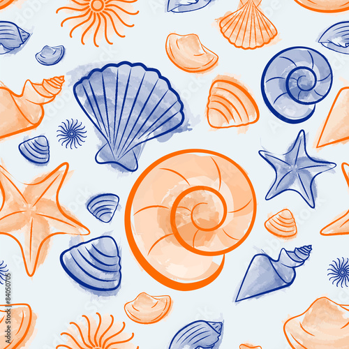 Seamless pattern with seashells created by watercolor brushes