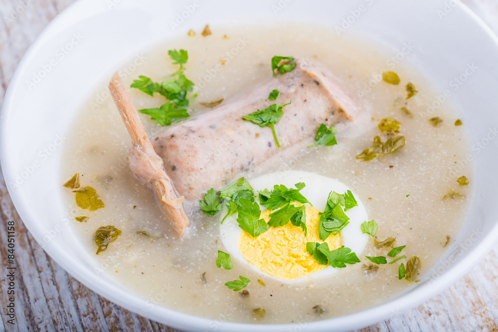 Borscht with eggs and white sausage. (Polish easter soup) Borscht with eggs and white sausage. (Polish easter soup)