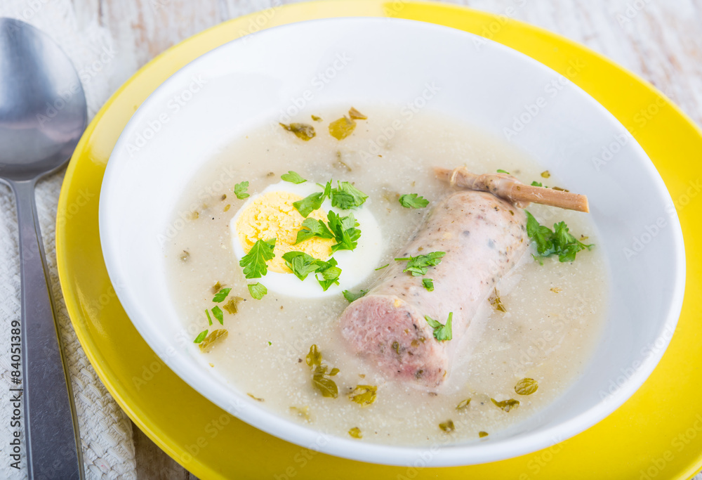 Borscht with eggs and white sausage. (Polish easter soup) Borscht with eggs and white sausage. (Polish easter soup)