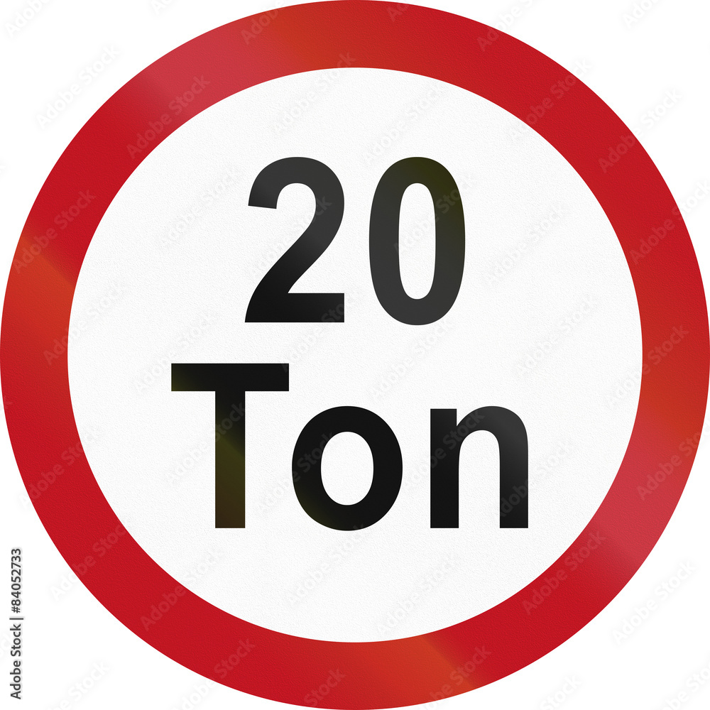 Colombian traffic sign prohibiting throroughfare of vehicles with a weight over 20 metric tons Colombian traffic sign prohibiting throroughfare of vehicles with a weight over 20 metric tons