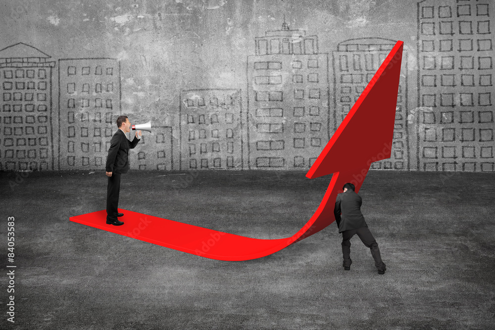 Manager yelling at businessman pushing red trend 3D arrow upward Manager yelling at businessman pushing red trend 3D arrow upward