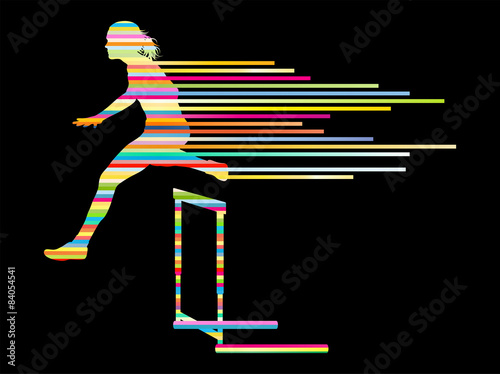 Athlete woman hurdling in track and field vector background conc