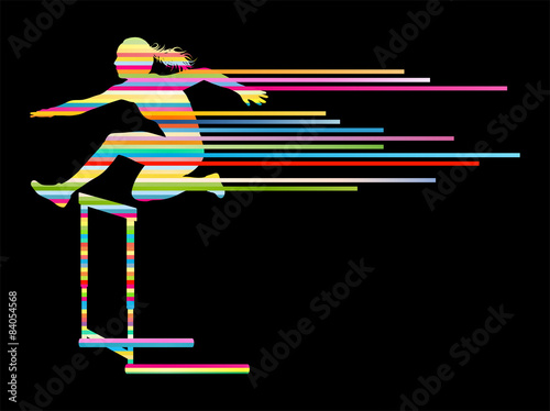 Athlete woman hurdling in track and field vector background conc