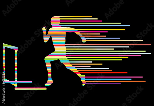 Athlete man hurdling in track and field vector background concep