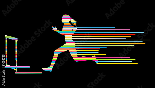 Athlete woman hurdling in track and field vector background conc