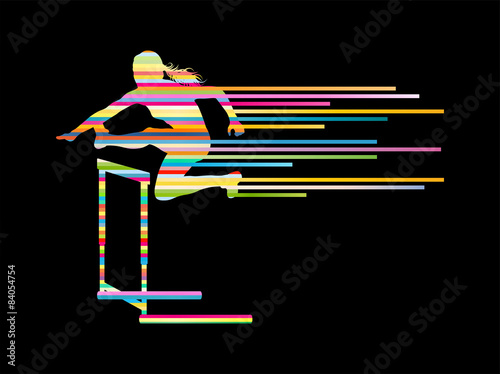 Athlete woman hurdling in track and field vector background conc