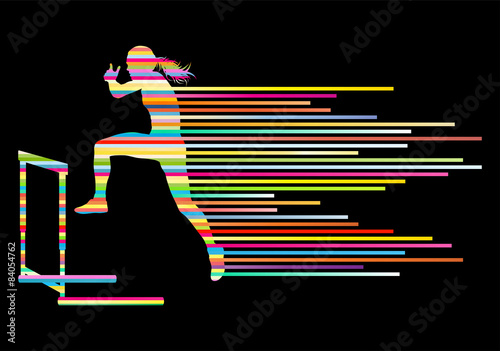 Athlete woman hurdling in track and field vector background conc