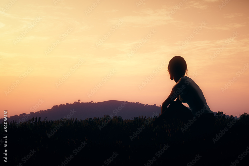 Young Adult Women Sitting on a Hilltop in the Sunset 3D artwork