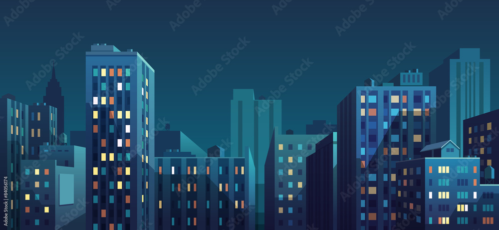 Plakat Nocna panorama miasta. Ilustracji wektorowych.
