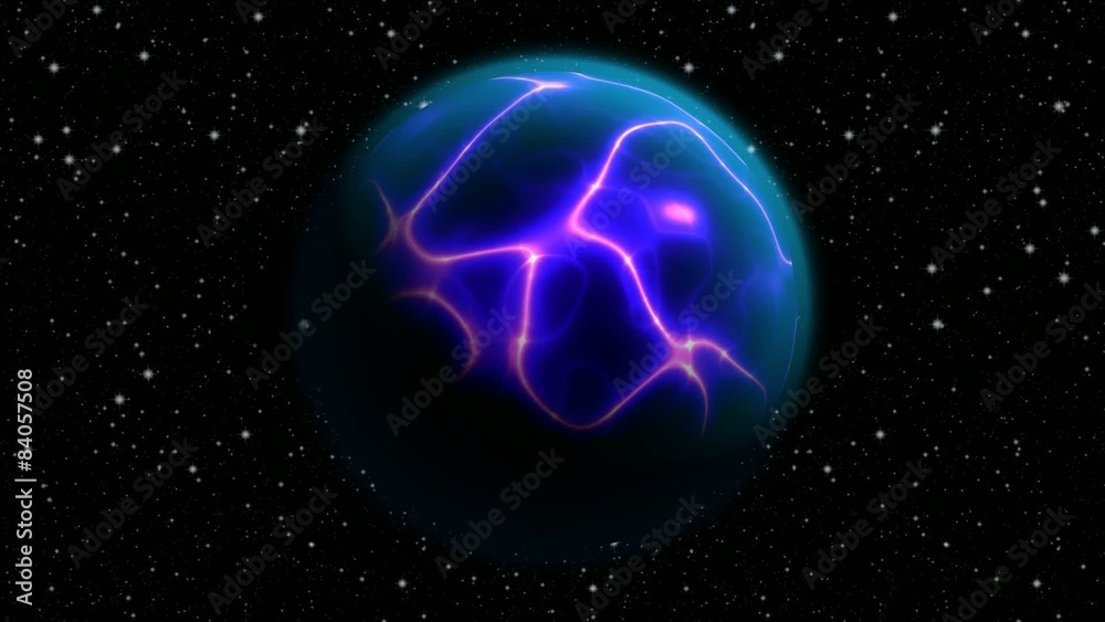 Abstract planet with massive violet plasma electric lightning