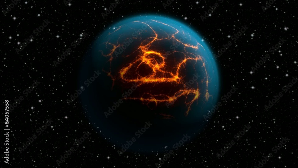 Abstract planet with huge cracks with lava flowing