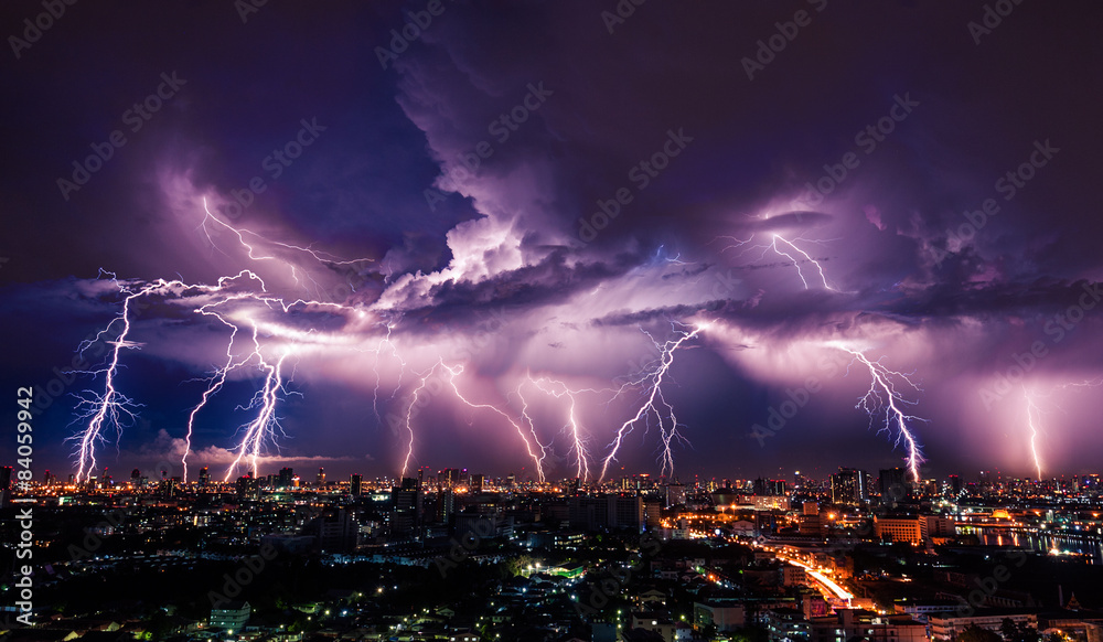 Lightning storm over city in purple light - obrazy, fototapety, plakaty 
