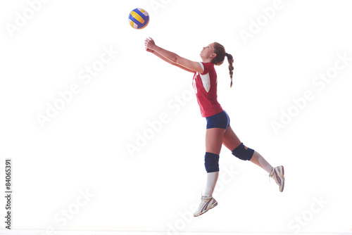 volleyball woman jump and kick ball isolated on white background