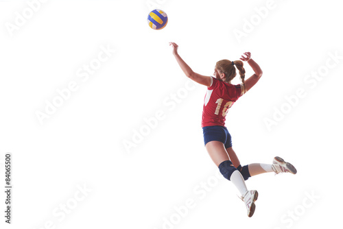 Obraz na plátně Volejbal žena skákat a kopat míč na bílém pozadí