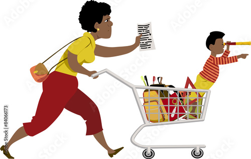Mother with a little kid shopping for school supplies 