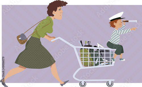 Mother with a little kid shopping for school supplies 