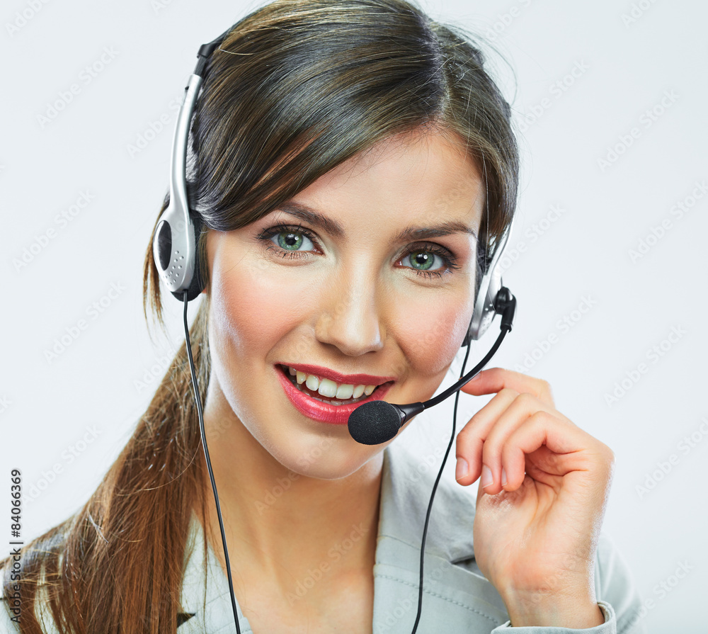 Customer support operator. Woman face.Call center smiling opera Customer support operator. Woman face.Call center smiling opera