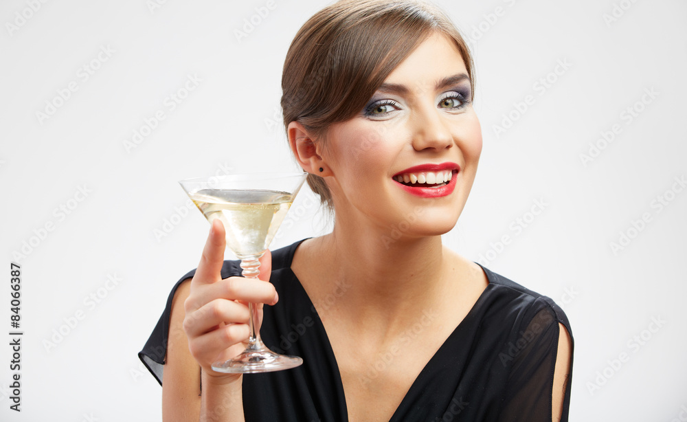 Portrait of smiling woman holding glass with drink. Portrait of smiling woman holding glass with drink.