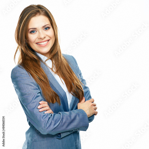 Business woman portrait with crossed arms isolated on white bac photo