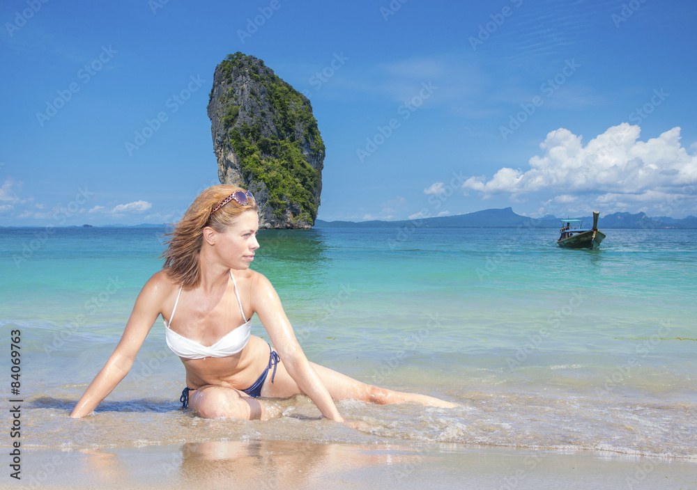Beautiful woman on the beach. Poda island. Thailand