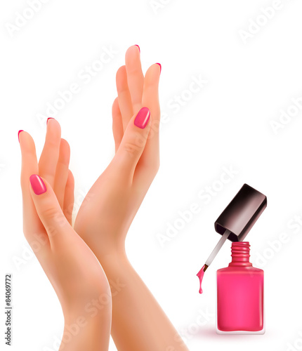 Female beautiful hands with a pink nail polish bottle. Vector.