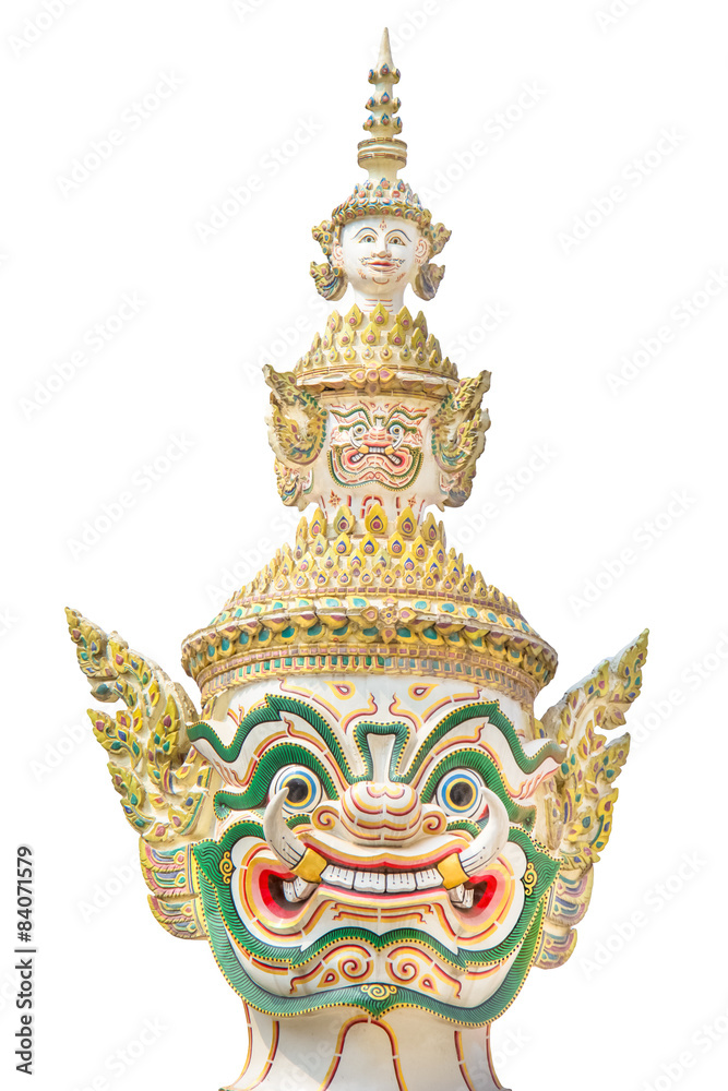 head of giant guard statue in temple on white background