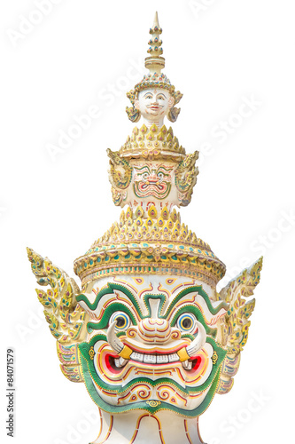 head of giant guard statue in temple on white background